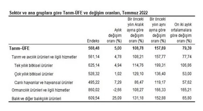 Tarım ürünleri üretici fiyat endeksi (Tarım-ÜFE) yıllık yüzde 157,89, aylık yüzde 5,00 arttı