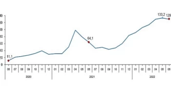 Sanayi, inşaat, ticaret ve hizmet sektörleri toplamında ciro endeksi (2015=100), 2022 yılı Haziran ayında yıllık yüzde 129,8 arttı.