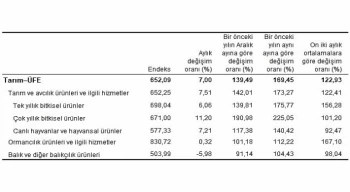 TÜİK Tarım ürünleri üretici fiyat endeksi (Tarım-ÜFE) yıllık %169,45, aylık %7,00 arttı